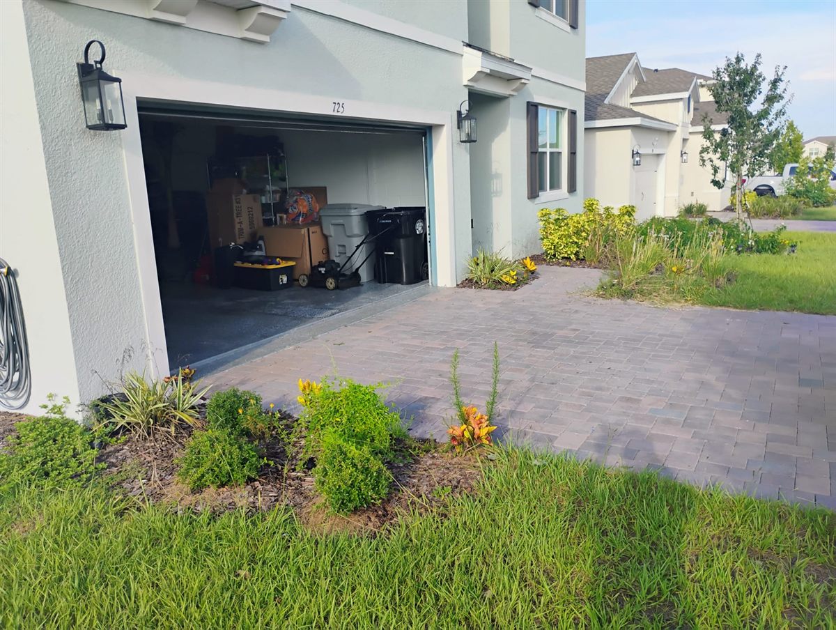 Overgrown, weedy island bed in front of an open garage