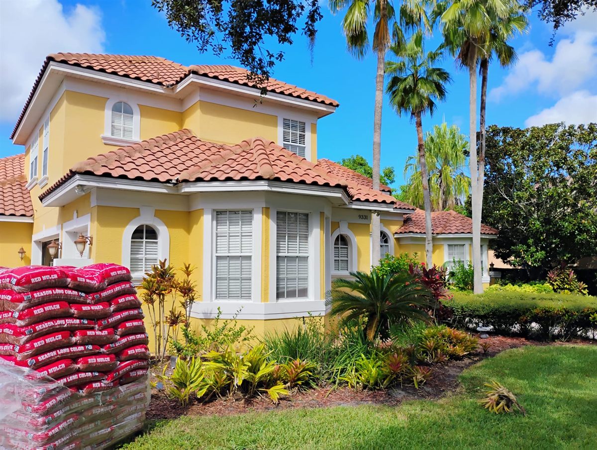 The same house repainted bright yellow with fresh landscaping