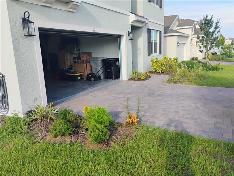 Overgrown, weedy island bed in front of an open garage