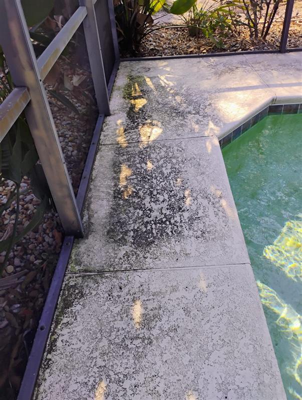 Pool deck stained dark with mildew before pressure washing